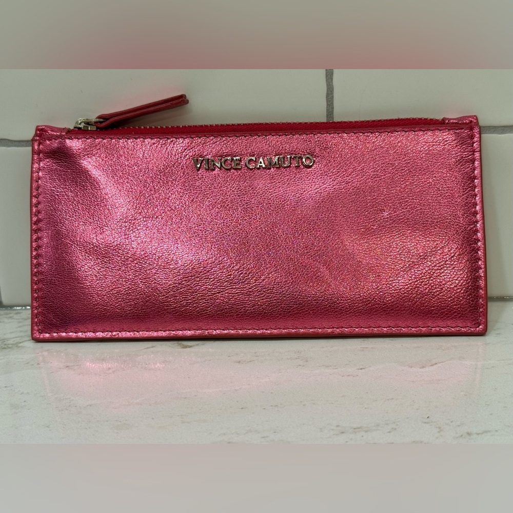 💝 Vince Camuto Pink Metallic Leather Zip Wallet Card Holder